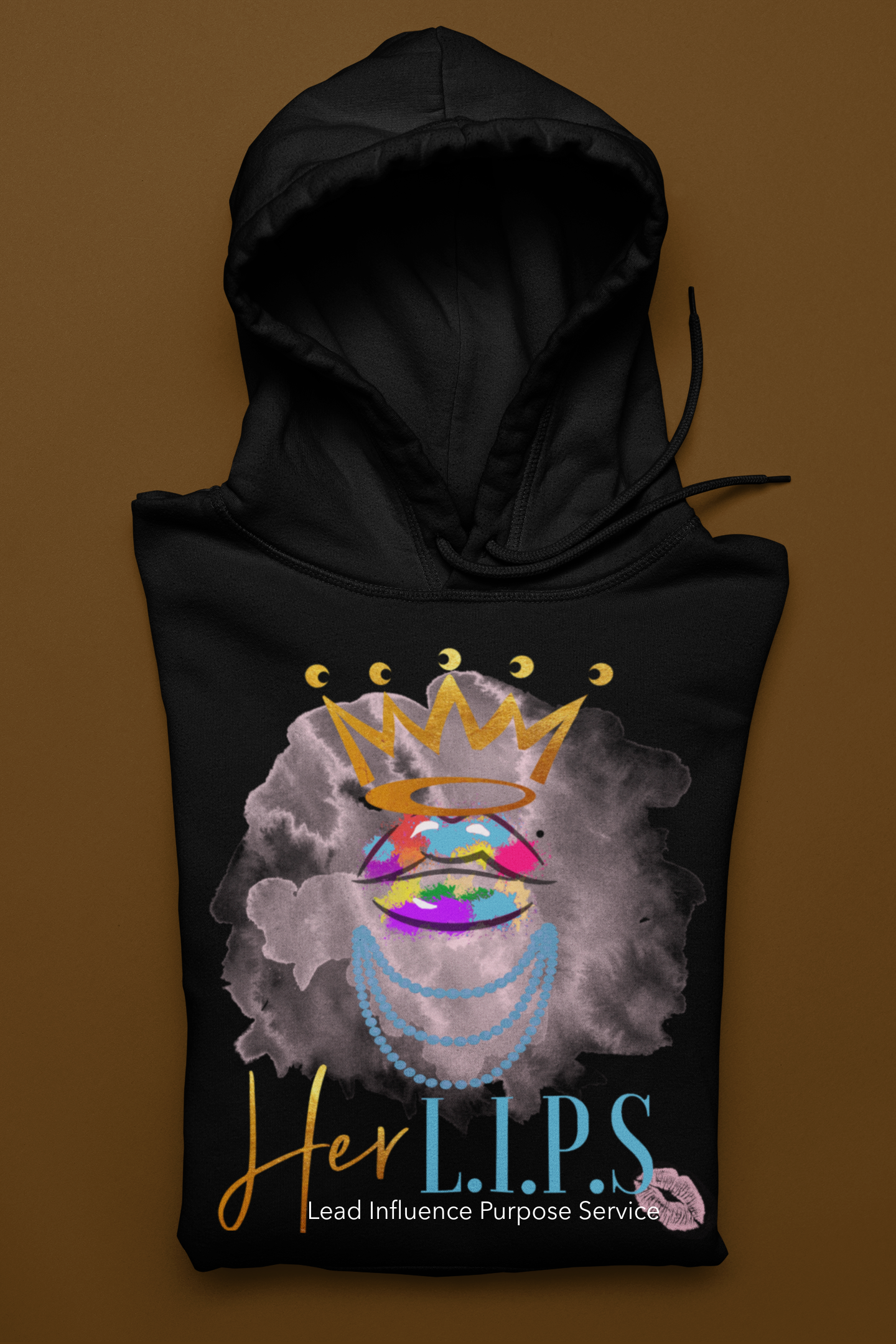 HerL.I.P.S. Graphic Logo "Queen PEACEMAKER" gold crwn/lightblue pearls Hoodie