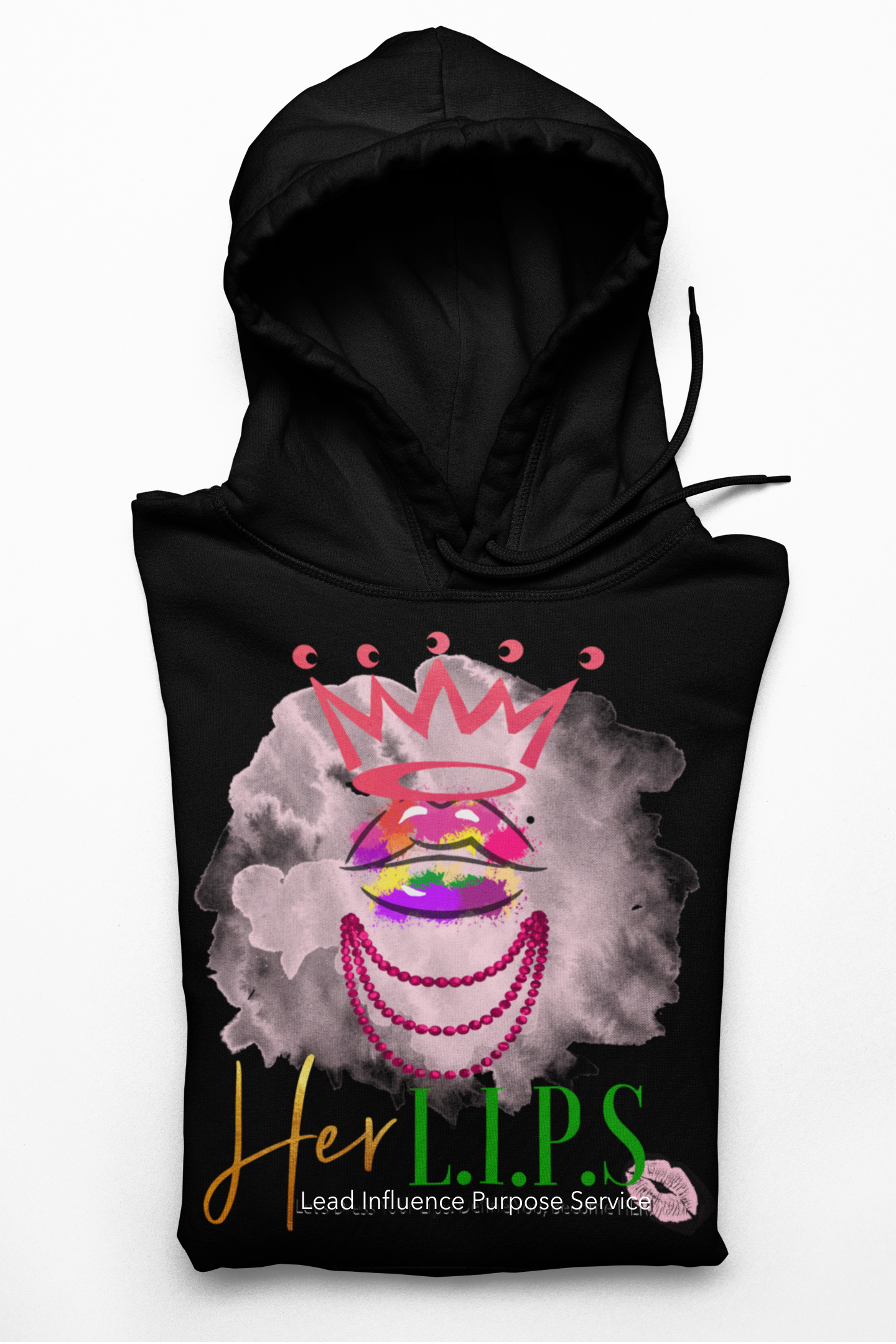 HerL.I.P.S. Graphic Logo "Queen AFFIRMHER" pink crown/pink pearls/green letters Hoodie