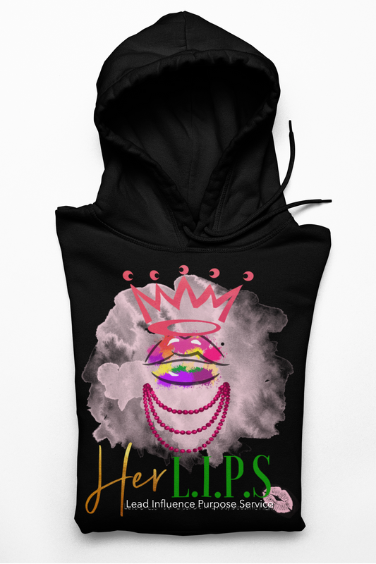 HerL.I.P.S. Graphic Logo "Queen AFFIRMHER" pink crown/pink pearls/green letters Hoodie