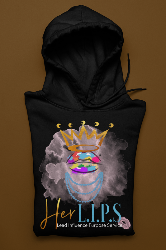 HerL.I.P.S. Graphic Logo  "Queen PEACEMAKER" gold crwn/lightblue pearls Hoodie