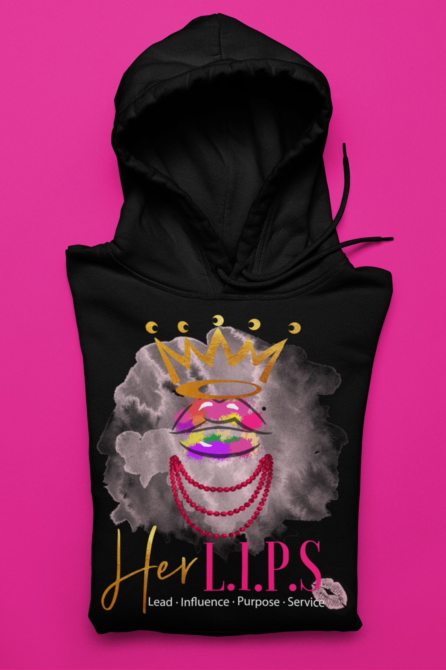 HerL.I.P.S. Graphic Logo  "Queen PERFECT" gold cwn/pink pearls Hoodie