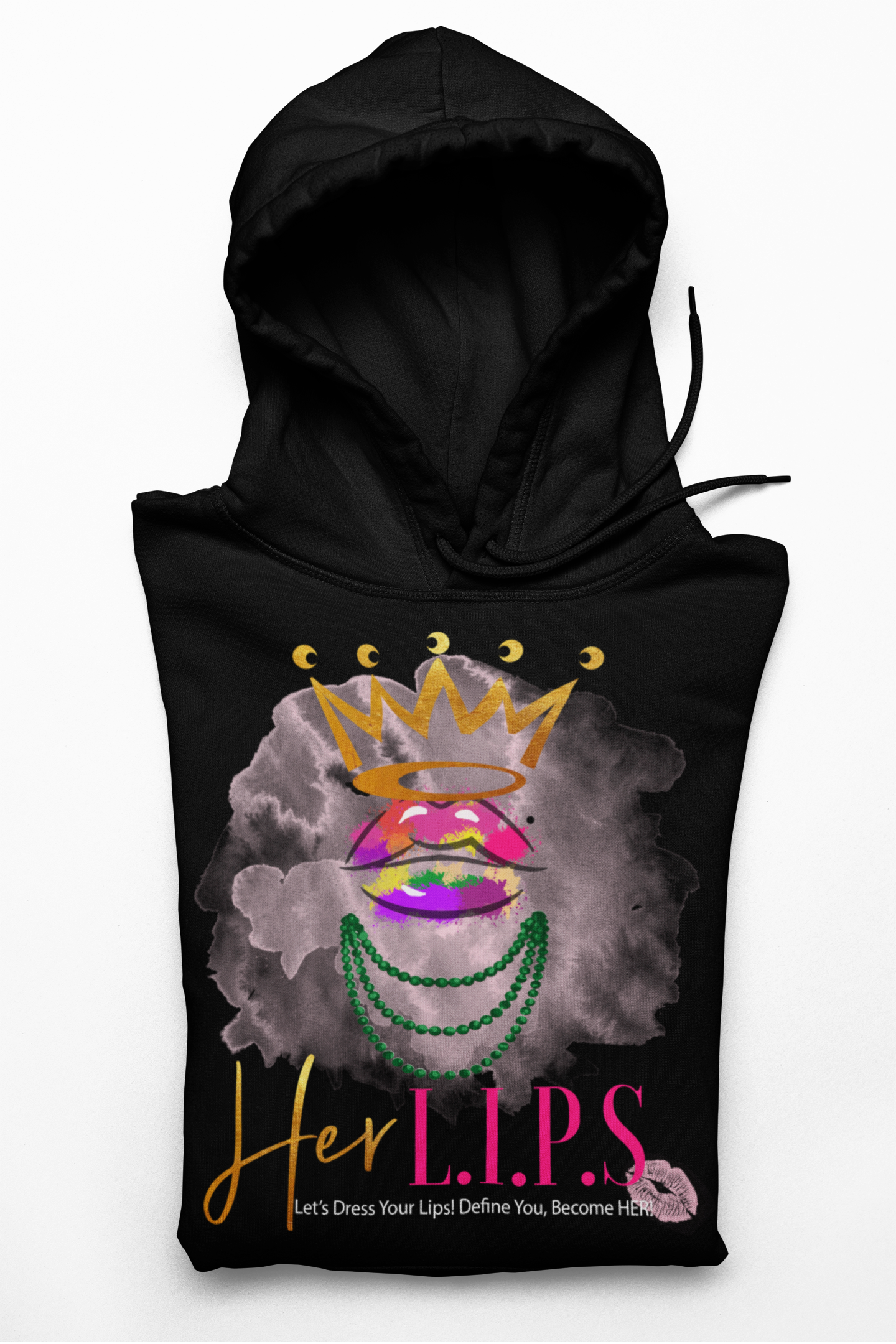 HerL.I.P.S. Graphic Logo "Queen REIGN" gold crown/green pearls Hoodie